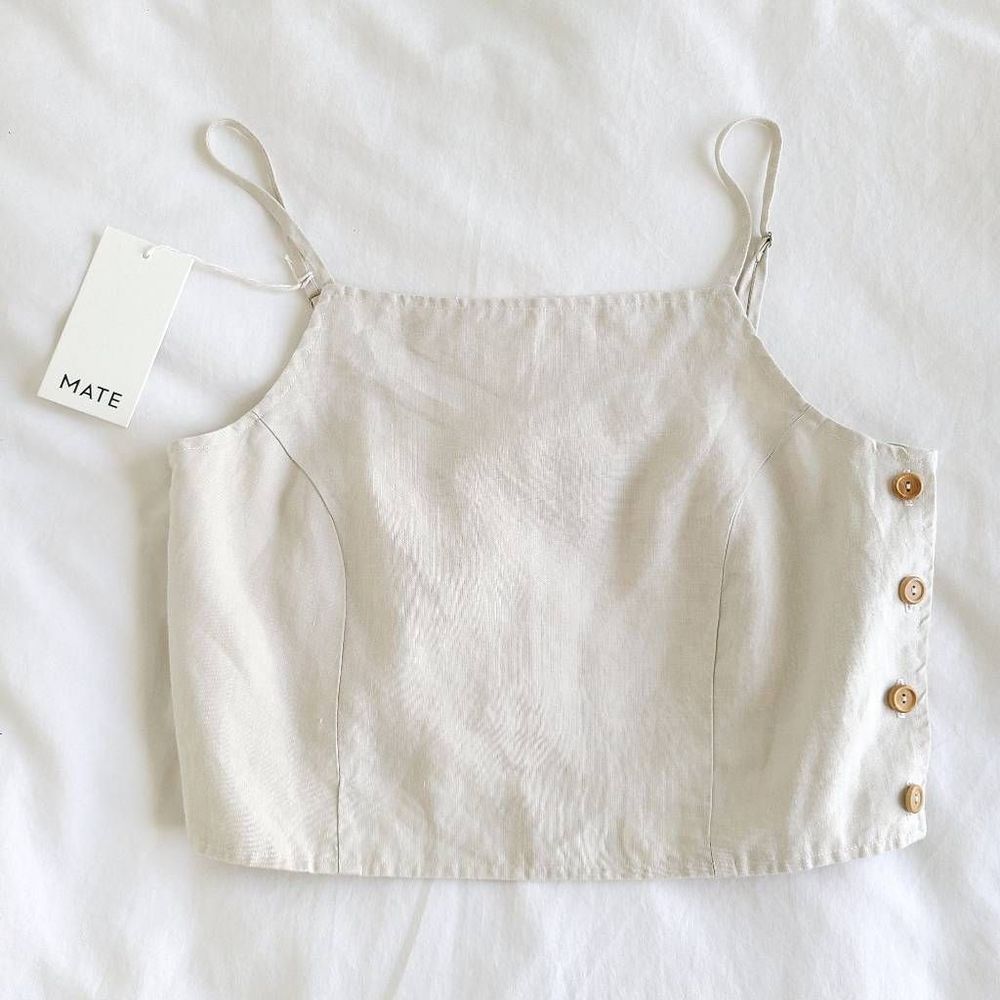 Mate Cropped Top Women's Size Medium Ivory Strappy Sleeve Side Button 100% Linen